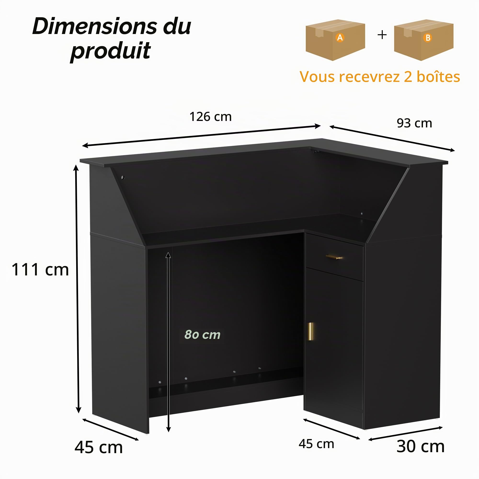 MSFE Comptoir de Réception avec LED, Moderner Comptoir Caisse Comptoir Accueil avec Tiroir et Armoire et étagère D'exposition Comptoirs Caisse Salon de Coiffure,Bureau,Boutique, 126x93x111cm (Noir)