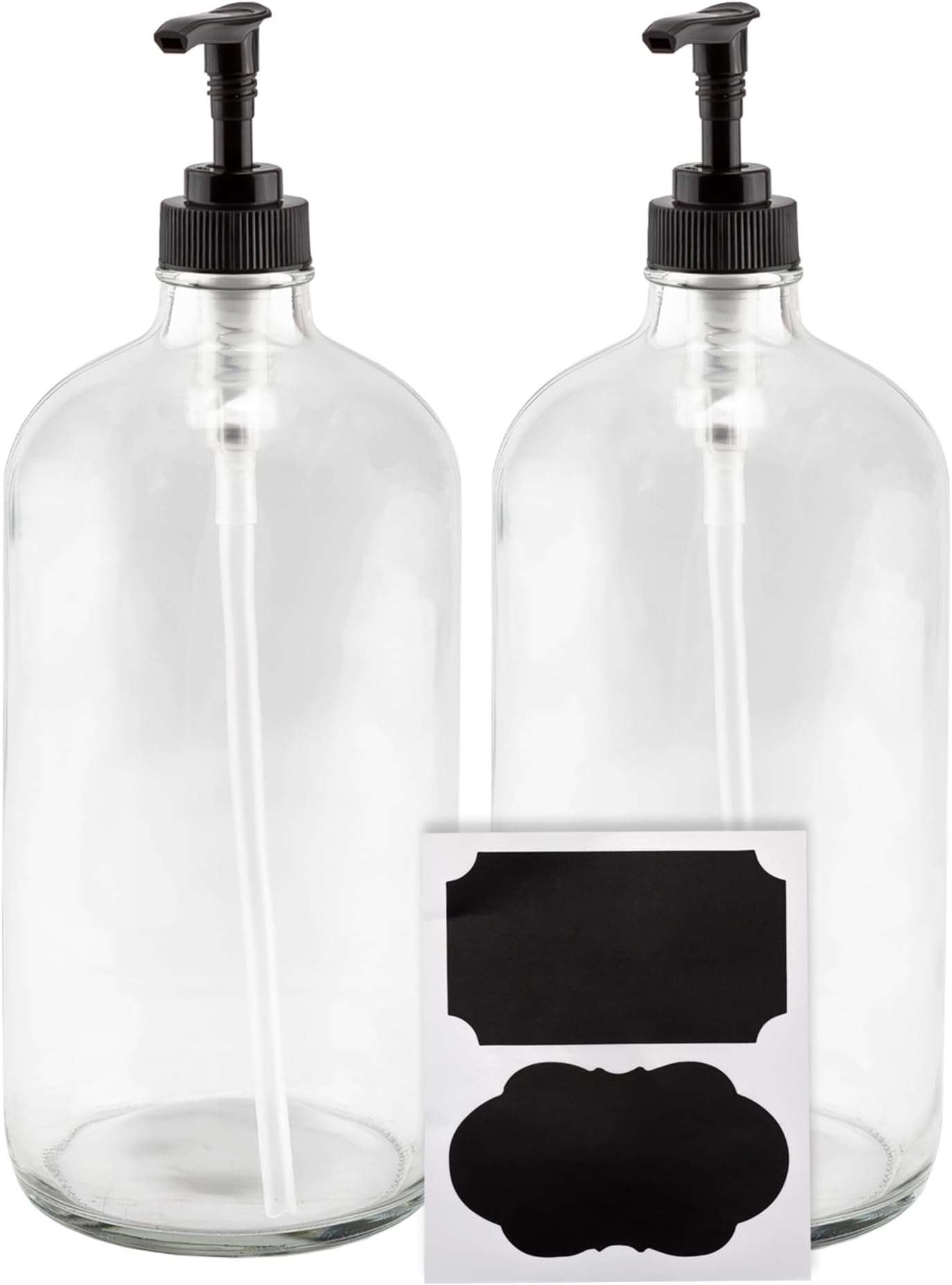Cornucopia Brands32oz Clear Glass Pump Bottles (2-Pack); Quart Size Soap Dispensers w/Black Plastic Lotion Locking Pumps; Includes Chalk Labels