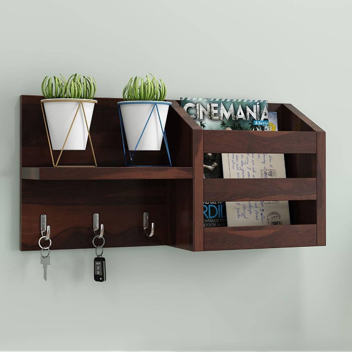 Solid Sheesham Wood Wall Shelf with Key Holder Hooks & Magazine Organizer | Wooden Wall Mounted Storage Rack for Entryway, Living Room (Walnut Finish)-picture-14