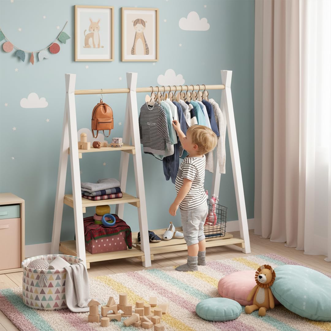 Bellabino Ryck Kleiderstange für Kinder – Kleiderständer aus Massivholz Natur/Weiß mit 4 Ablageflächen – Montessori Kindergarderobe für Jungen & Mädchen – Garderobe mit Schuhablage für Kinderzimmer