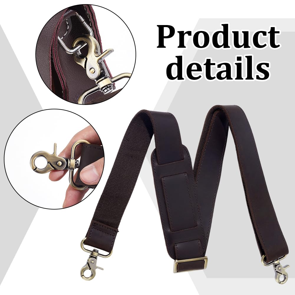 Correas de hombro de cuero, correa ajustable de repuesto para bolsa cruzada de 40 a 62 pulgadas, ajuste cómodo, acolchado con ganchos giratorios de metal para correas de equipaje