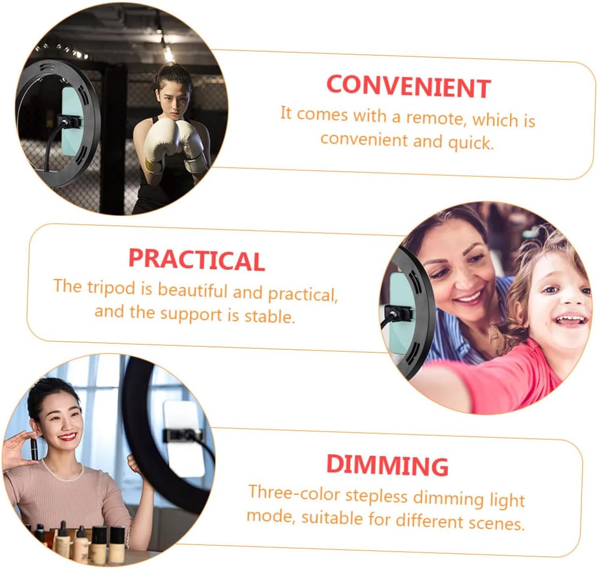 Fill Light Phone Stand with Remote, 10-Inch USB Tri-Color Dimmable Selfie Light Tripod Holder for Live Streaming and Makeup, Black Metal Bracket Compatible with