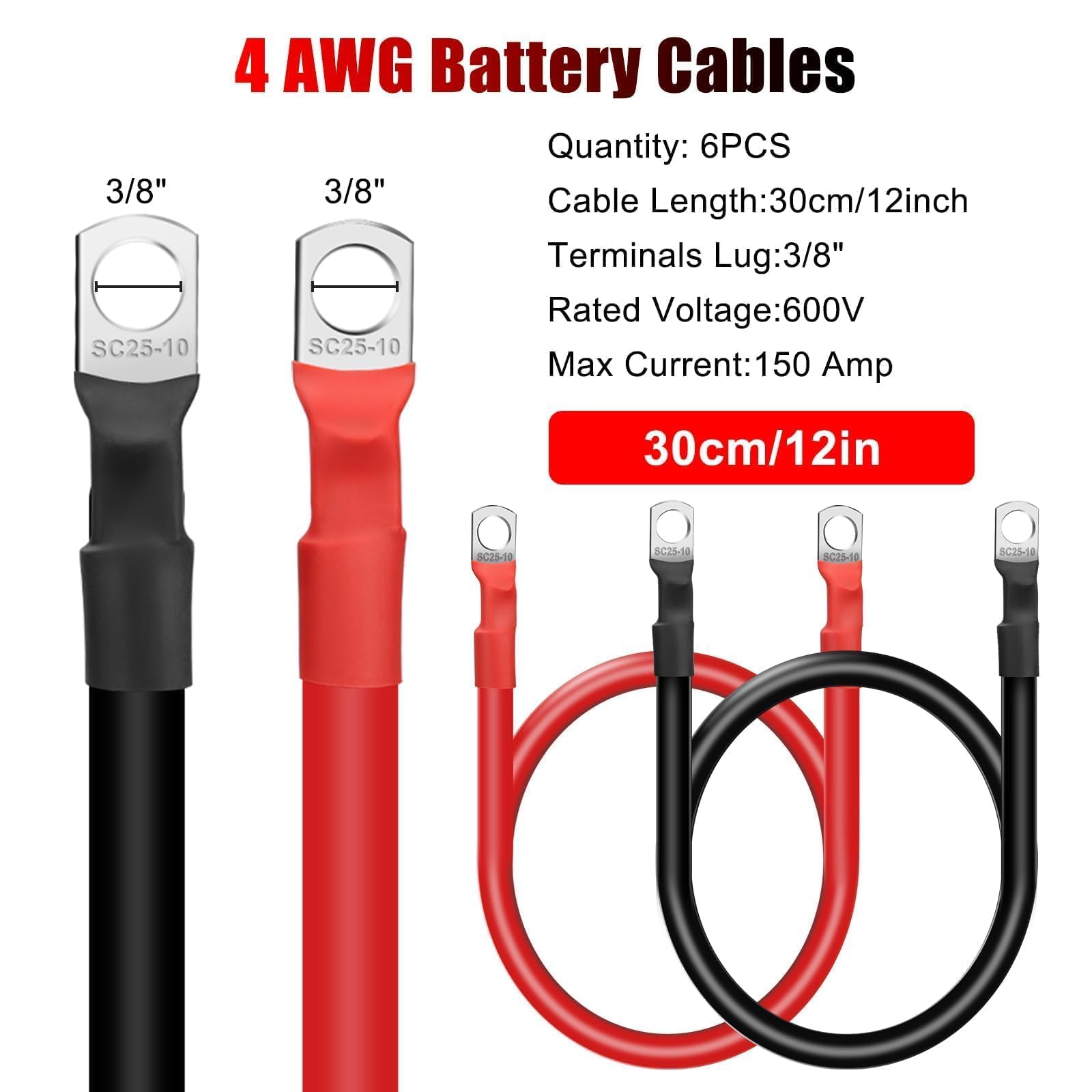 Linkstyle Lot de 6 câbles de batterie 4 AWG, 30 cm, avec cosses en cuivre étamé de 9,5 mm, pour énergie solaire automobile, VTT, camping-car