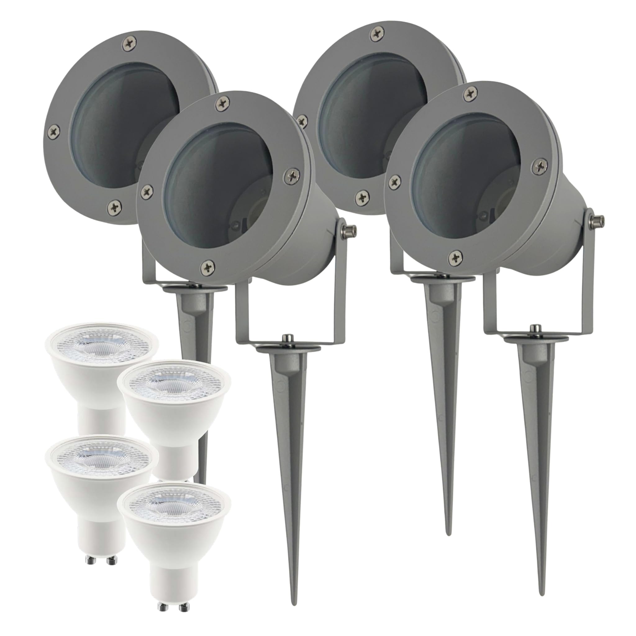 B2C GU10 Outdoor Garden Spike Light IP65 Waterproof Landscape Spotlight Adjustable Ground Light, Max 35W Bulb Included (4, Grey, Cool Daylight - 6400K)