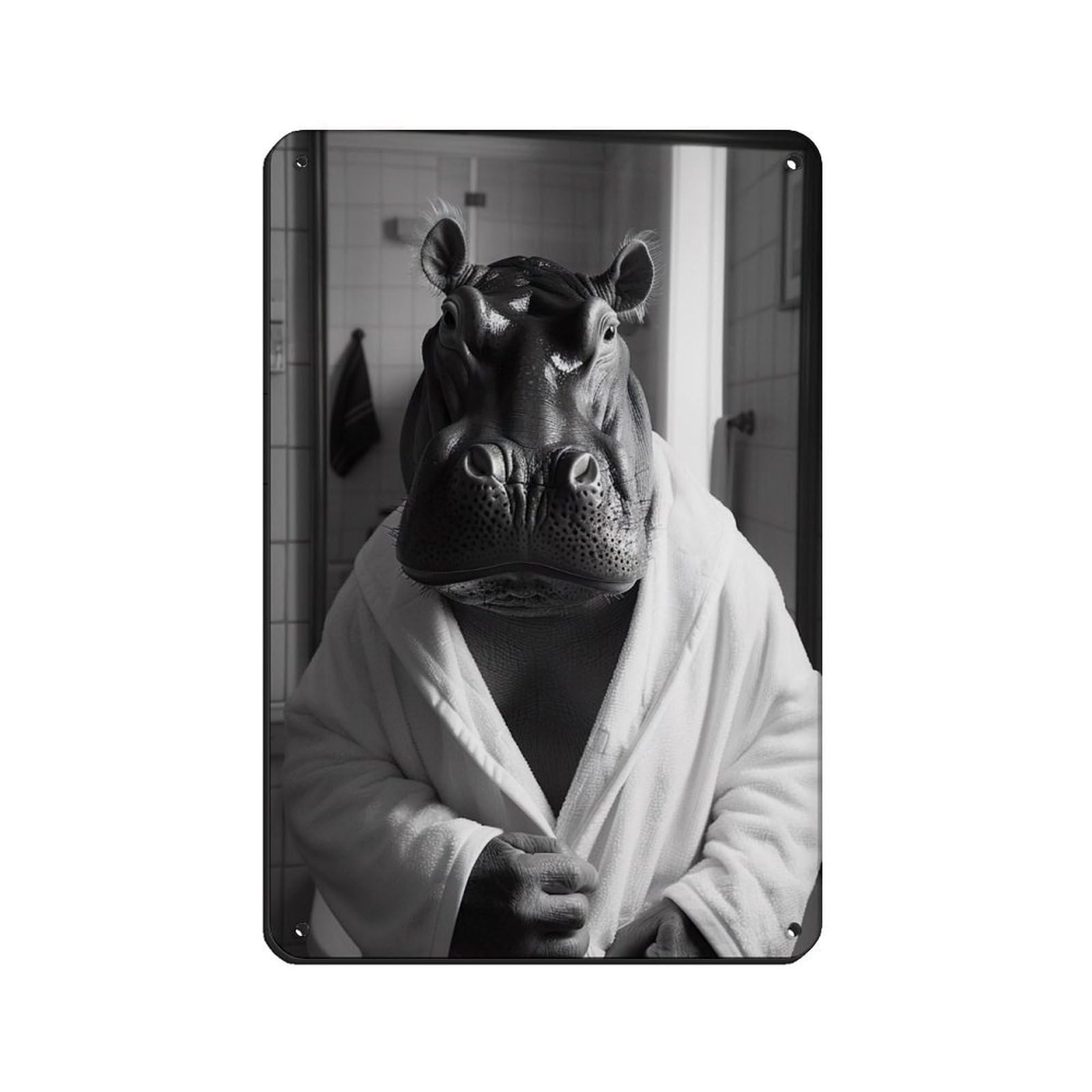 Hippo in A Bathrobe, Funny Bathroom Art (2) Retro Poster Metal Tin Sign Chic Art Retro Iron Painting Bar People Cave Cafe Family Garage Poster Wall Decoration 8x12inch(20x30cm)