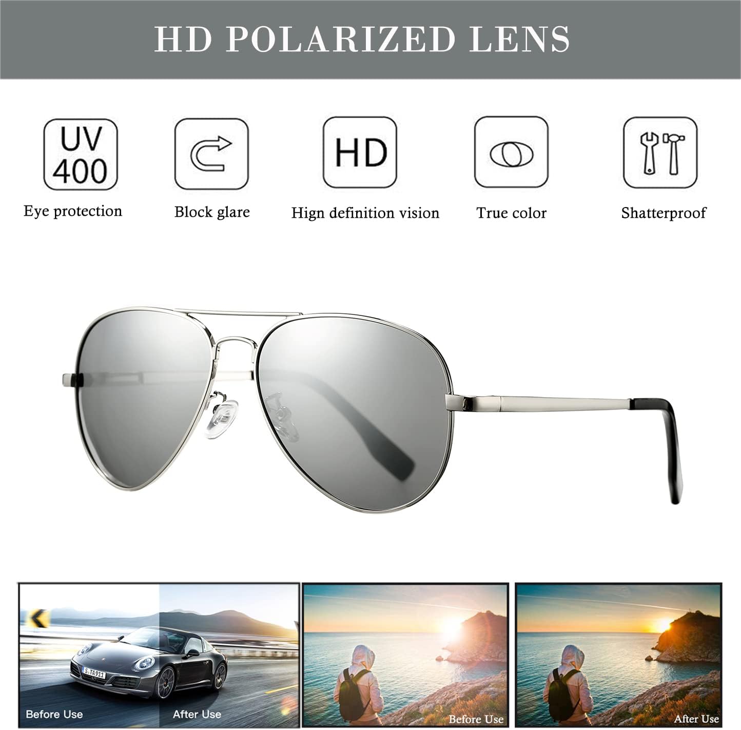 HJSTES Polarized Aviator Sunglasses for Women Men Classic Metal Shades Mirror Lens 100% UV Blocking, 58mm - Image 5