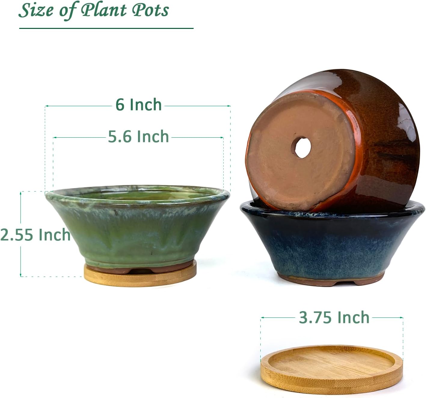 6 Inch Glazed Terracotta Succulent Pot Planter Small Plant Pot with Drainage Hole and Bamboo Saucer Cactus Ceramic Pot Set of 3 (Blue Green Orange)