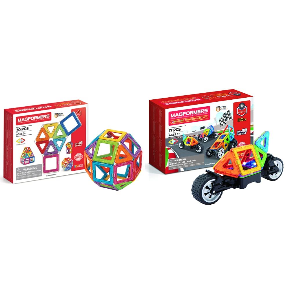 Magformers30-Piece Magnetic Tiles Toy. STEM Set. Educational Teaching Resource With 18 Squares And 12 Triangles & Amazing Transform Wheel Magnetic Building Blocks Toy. Makes Cars And Bikes