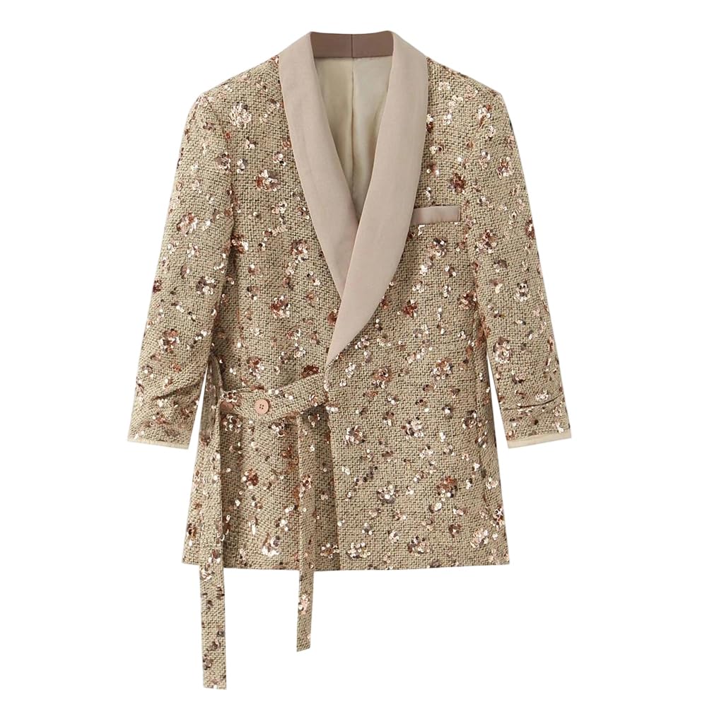 Womens Casual V-Neck Sequin Blazer Side-Tie Ruffled Long-Sleeved Blazer