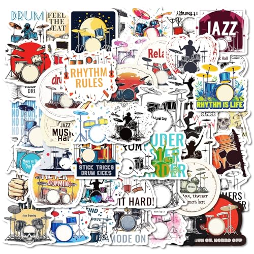 50Pcs Cool Drum Set Stickers,Waterproof Vinyl Aesthetic Music Rock Stickers for Journaling,Laptop,Water Bottle,Planner, Scrapbook,Phone Case,Luggage,Skateboard,DIY Decor for Drummers,Music Lovers