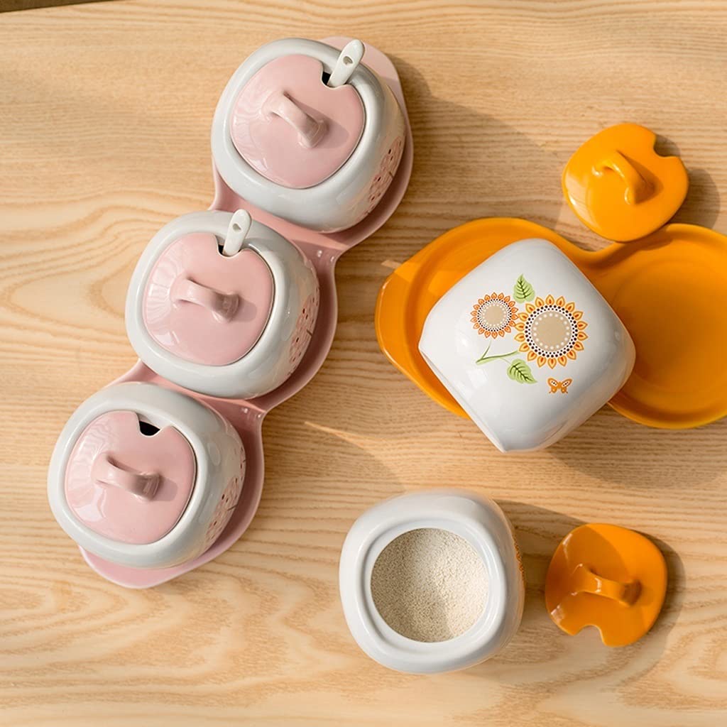 Keramik-Gewürzdosen-Set mit 3 Behältern, Deckeln, Löffel und Tablett, luftdichte Küchenbehälter für Tee, Kaffee, Gewürzaufbewahrung