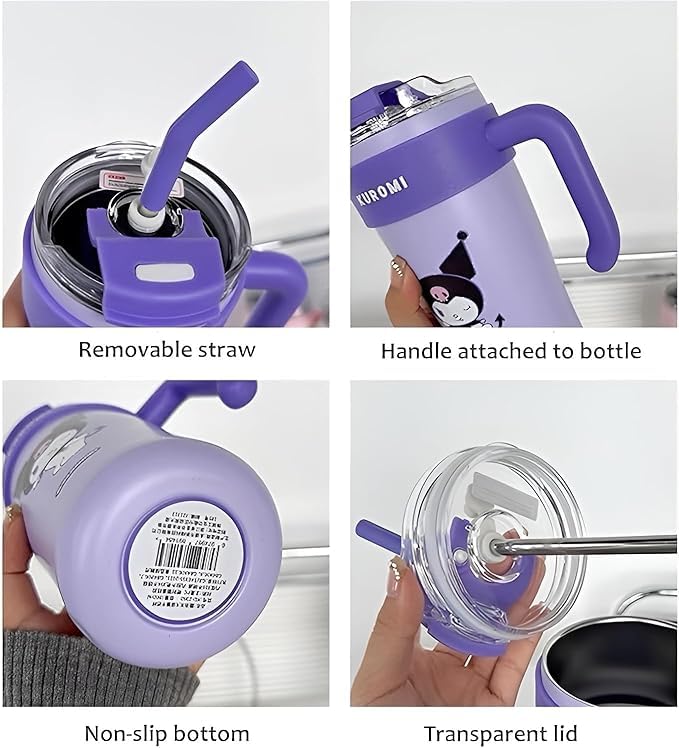Image of Cute Cartoon Straw Tumbler 860ml with Handle | Doublewall-Reusable Sipper Cup with Lid for Kids & Teens | Lightweight Drinking Mug for Water, Juice & Milk (Purple)