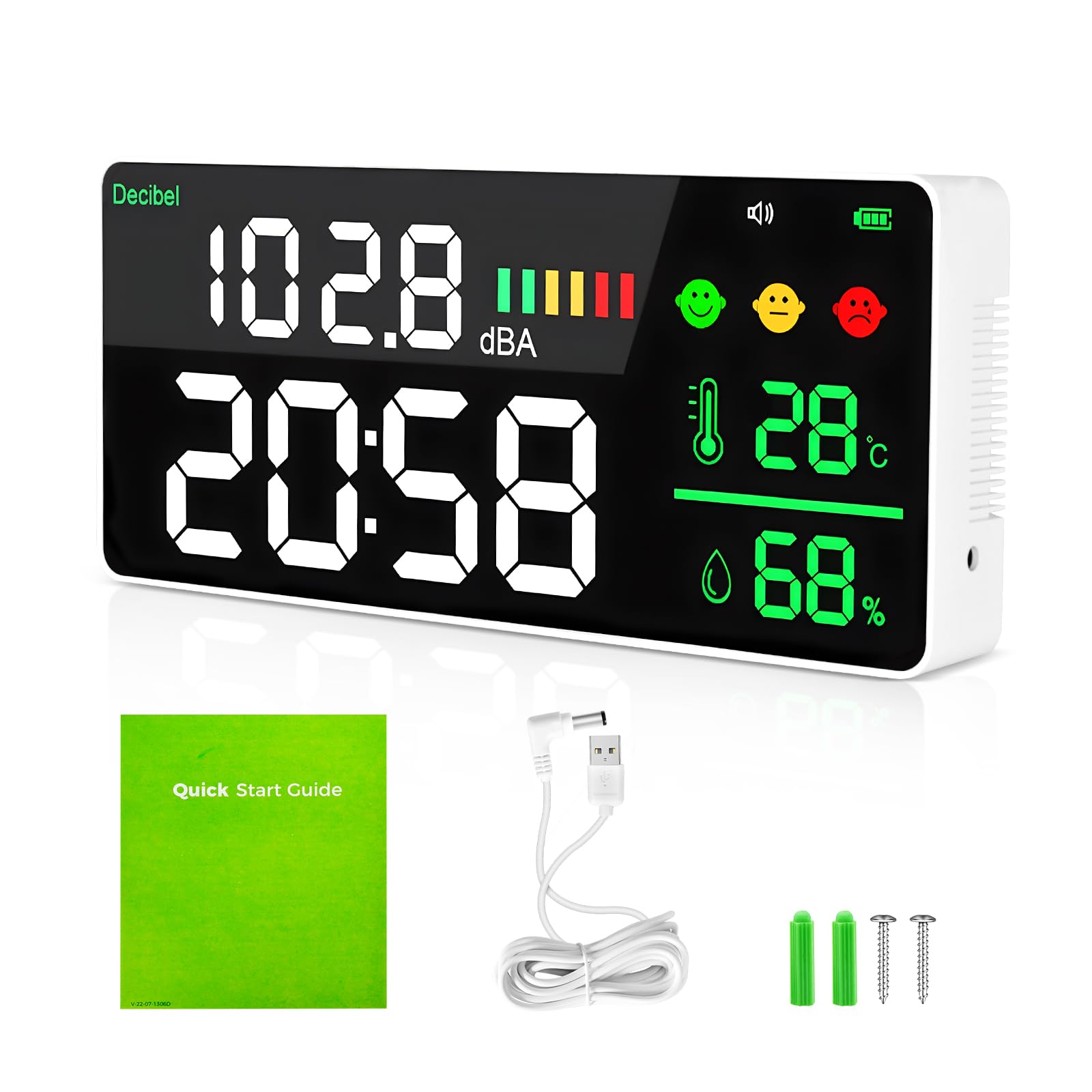 Medidor de Nivel de Sonido Digital Colgante, Decibelímetros Inteligente con Gran Pantalla LCD, Reloj, Detección de Temperatura y Humedad, Decibelios 30~130 dB con Alarma para Monitor de Ruido