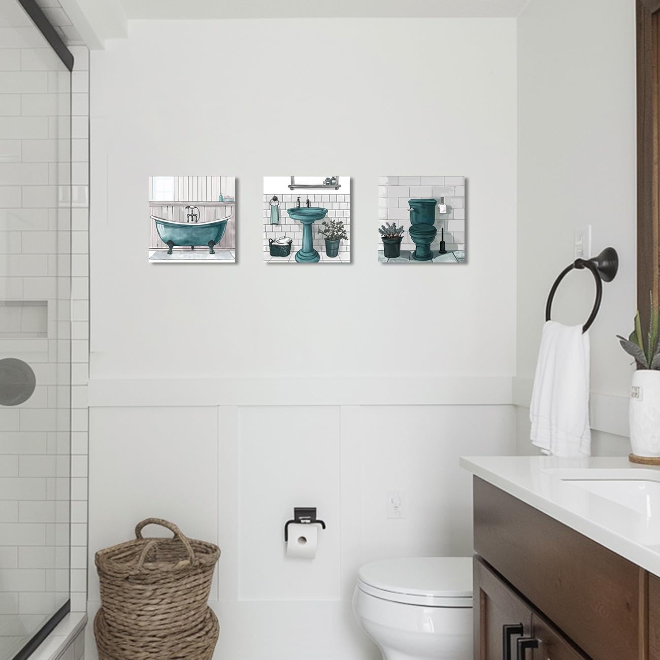 ZQQART Set di 3 stampe su tela per bagno, decorazione da parete per bagno, set di 3 cornici artistiche da parete (verde acqua, 30,5 x 30,5 x 30,5 x 3)