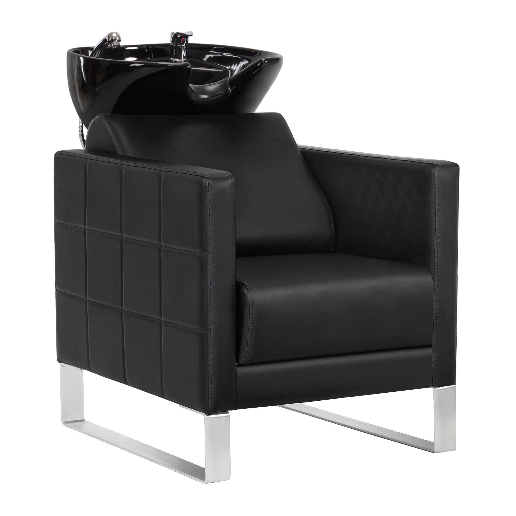 Barberpub Friseurstuhl mit Waschbecken & Edelstahlbasis, Friseurwaschbecken aus Keramik Verstellbar, Friseurwaschsessel für SPA Salon Friseur Waschplatz 8611 (Schwarz/Kunstleder)