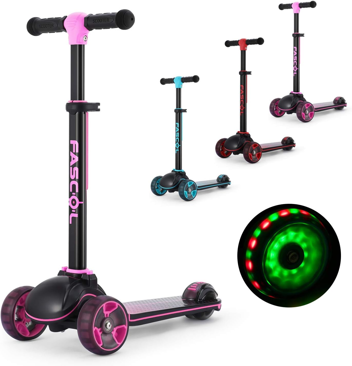 Fascol Kids Scooter，3 wheel scooter，Foldable Trike Scooter from 3 to 12 Years Children's Scooter with LED Wheels Scooter for Children with Adjustable Handlebar Maximum Load 60 kg, Pink
