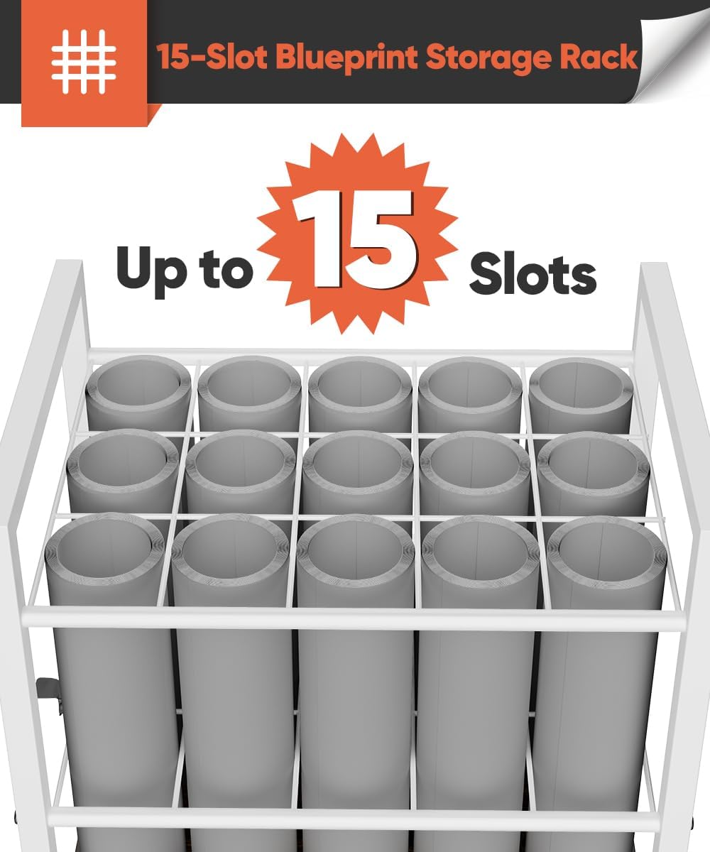 Blueprint Storage Rack Cart, 15 Slots Metal Rolling File Holder with Wheels & Adjustable Pads, Mobile Gift Wrapping Paper Organizer for Maps/Posters/Architectural Construction Plans, White