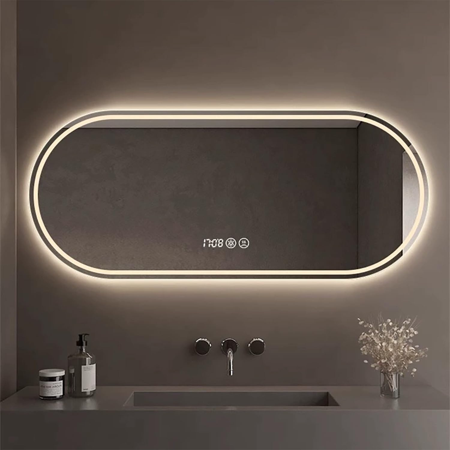 Espejo de baño LED de pared, ovalado, con iluminación, 3 Colores regulables, antivaho, Decorativo, para colgar, 81, 91, 122, 131, 132, 133, 139, 140, 141 cm (24 x 48 pulgadas) (Color único: