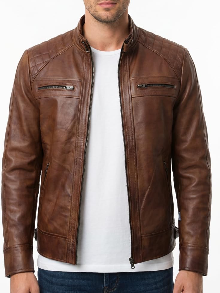 Image of DECIMAL Men's Black Genuine Lambskin Leather Biker Jacket VINTAGE REAL MOTORCYCLE JACKETS FOR MEN