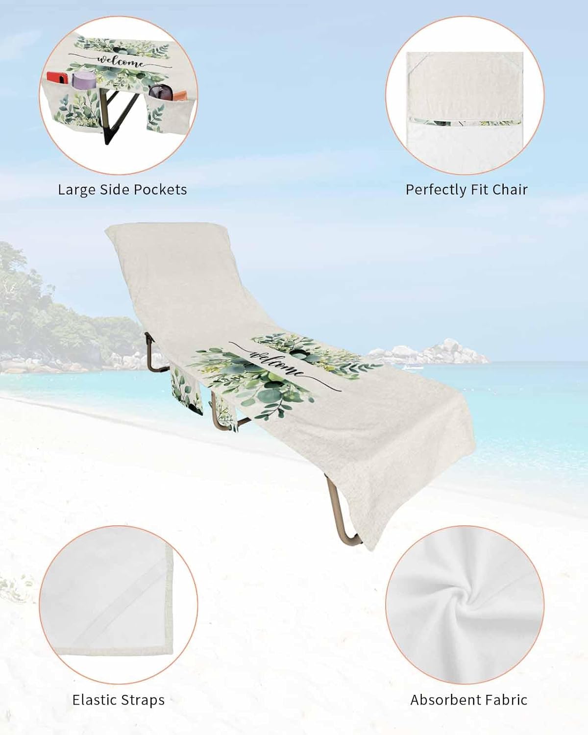Eucalyptus Flower Beach Pool Patio Lounge Chaise Chair Cover Towel With Pockets,Absorbent & Quick Dry Microfiber Towel Cover Bag Summer Accessories Green Leaves Watercolor Rustic Chic Floral