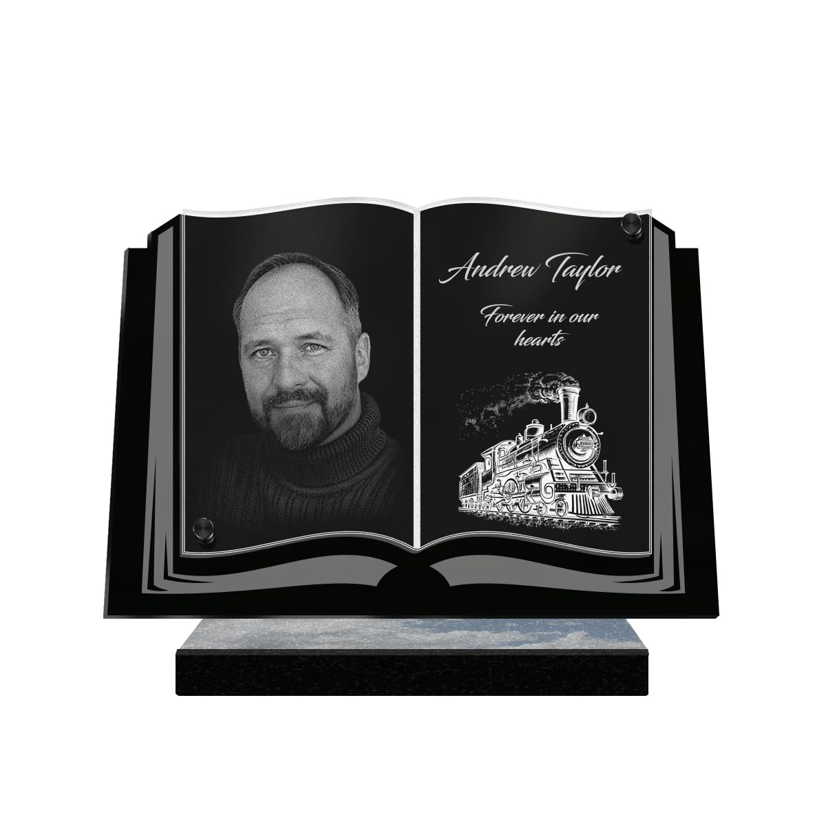 ETERNEL - Personalized Funeral Plaque Book Train Customizable Photo and Text, laser-engraved funeral plaque for tribute, cemetery plaque, tombstone, grave, funeral