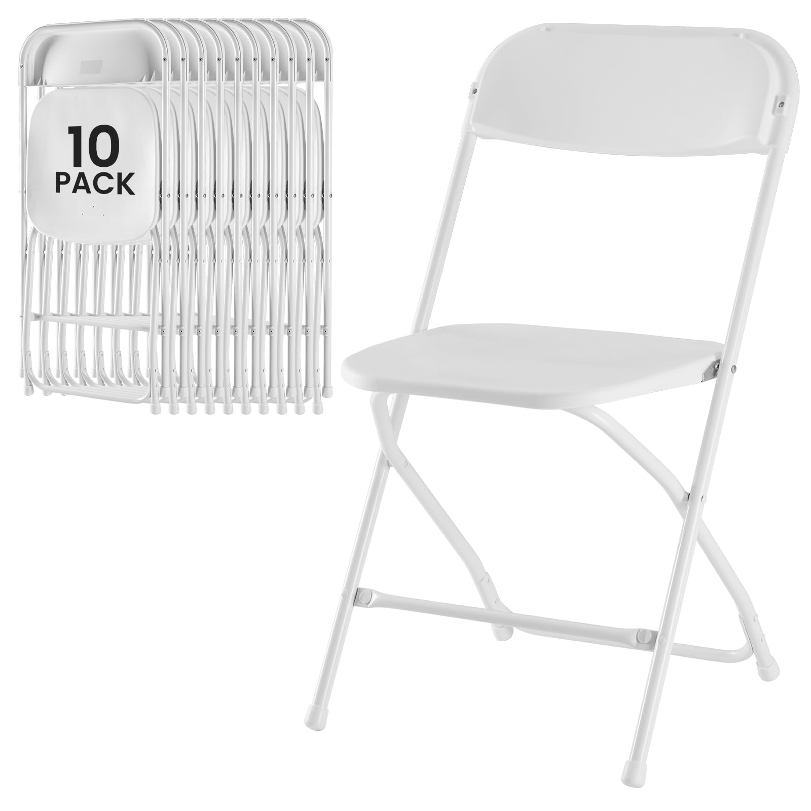dumos 10 pack white plastic folding chair, indoor outdoor portable stackable commercial seat with steel frame 330lb capacity for events office wedding party picnic kitchen dining