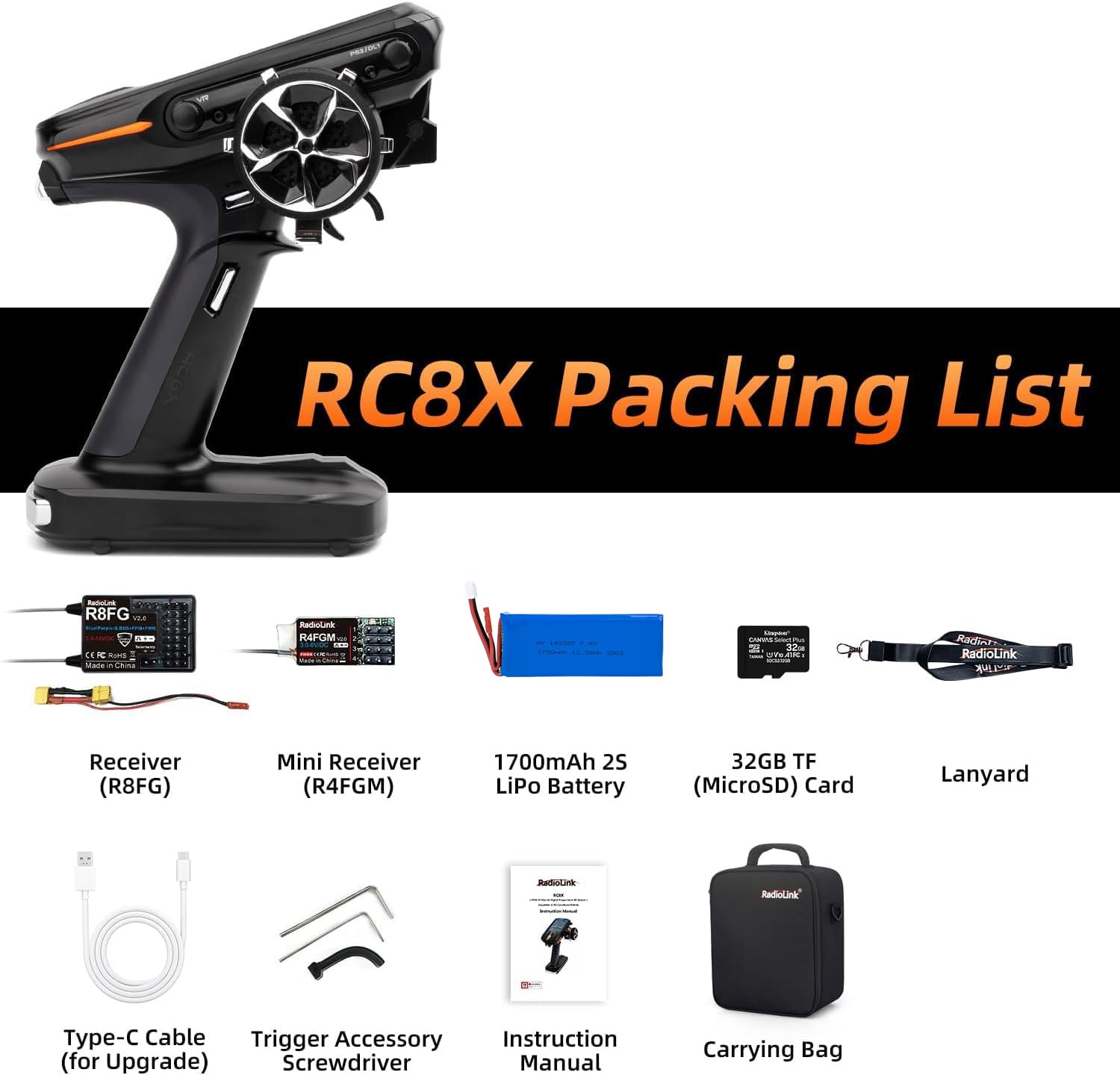 Radiolink RC Nadajnik RC8X 8 Kanałów 2.4G i 2 Odbiorniki Żyroskopowe R8FG i R4FGM – Zdalny Kontroler Radiowy z Telemetrią Napięciową i Ekranem FPV do Samochodów RC, Łodzi i Pojazdów Gąsienicowych