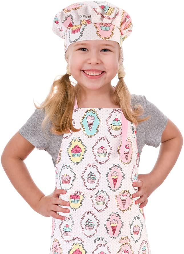 CRJHNS Kids Apron and Chef Hat Set, Adjustable Cotton Child