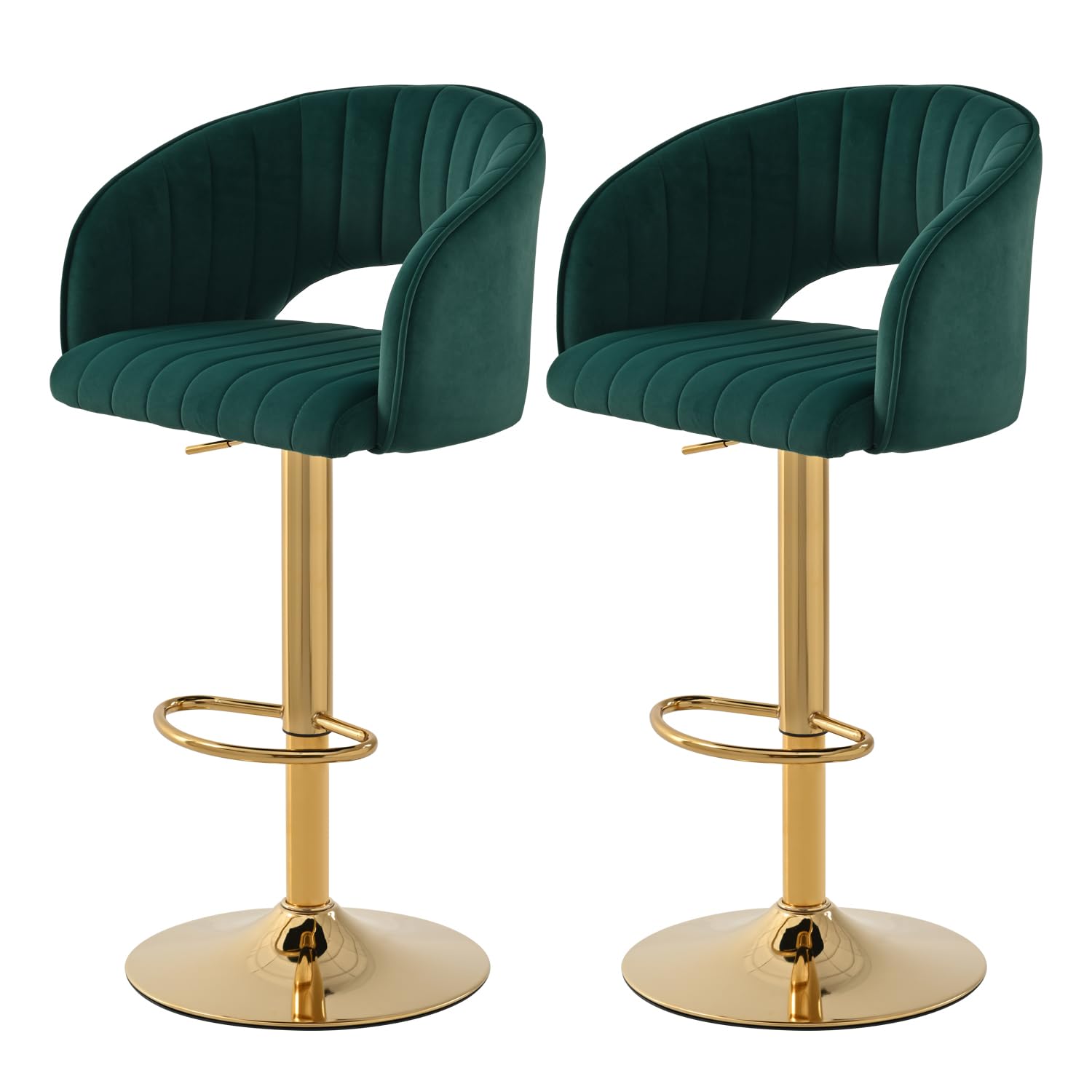 Juego de 2 taburetes de Bar de Terciopelo, Altura Regulable con Respaldo y reposabrazos, Giratorio 360°, Taburete de Cocina, Taburete para barbero, reposapiés Dorado, para Comedor, Isla de
