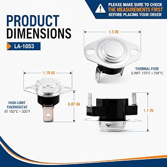 LA-1053 Dryer Thermal Fuse Kit with Thermostat 53-1182 & 53-0771 L248-80F, Compatible with Whirlpool Maytag Crosley Magic Chef, Replaces LA1053, 53-0261, 53-1133, 53-1526, AP4242472