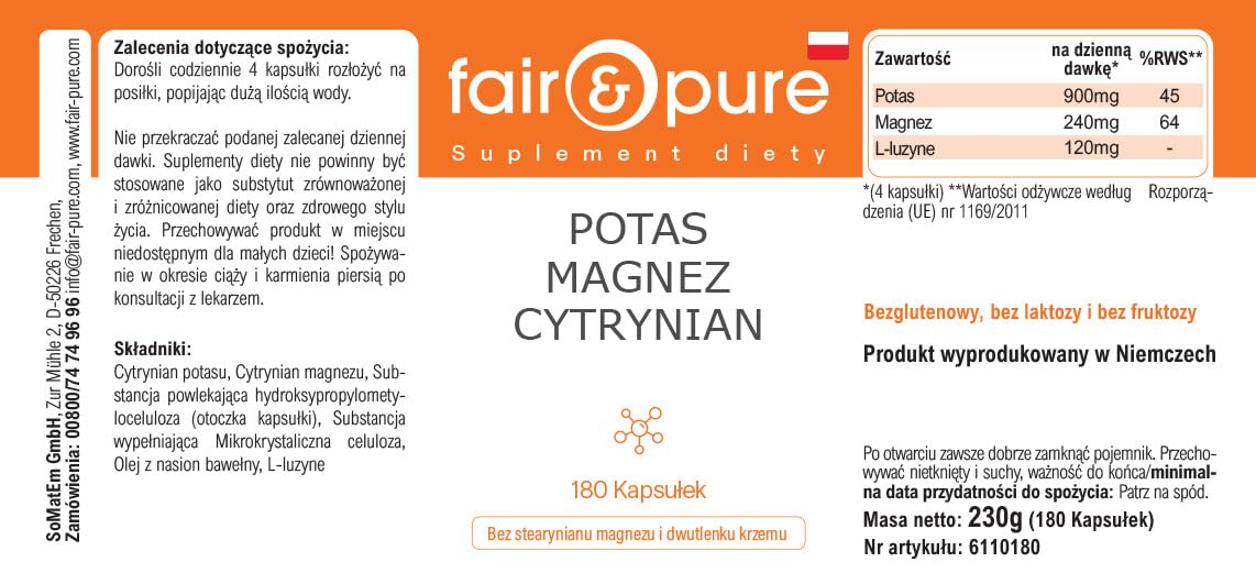 Fair & Pure® - Potassio e magnesio in capsule - Citrato di magnesio e citrato di potassio - Vegan - Minerali essenziali - 180 Capsule