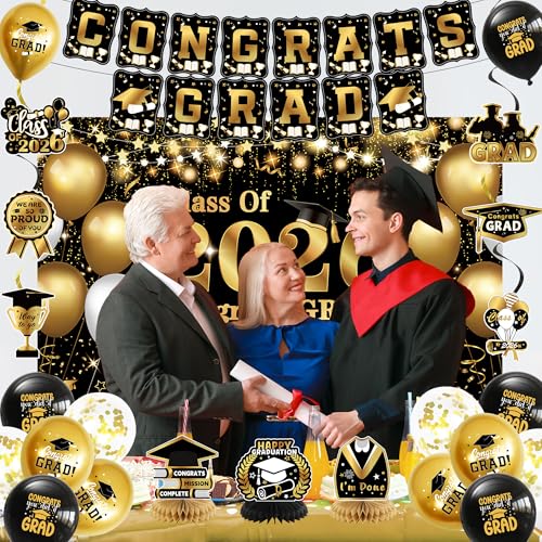 Image of DARUNAXY Black Gold Graduation Party Decorations, Gold Class of 2026 Graduation Banner, 2026 Congrats Grad Honeycomb Hanging Swirl Confetti Balloon Congratulations Graduates Party Supplies(25PC)