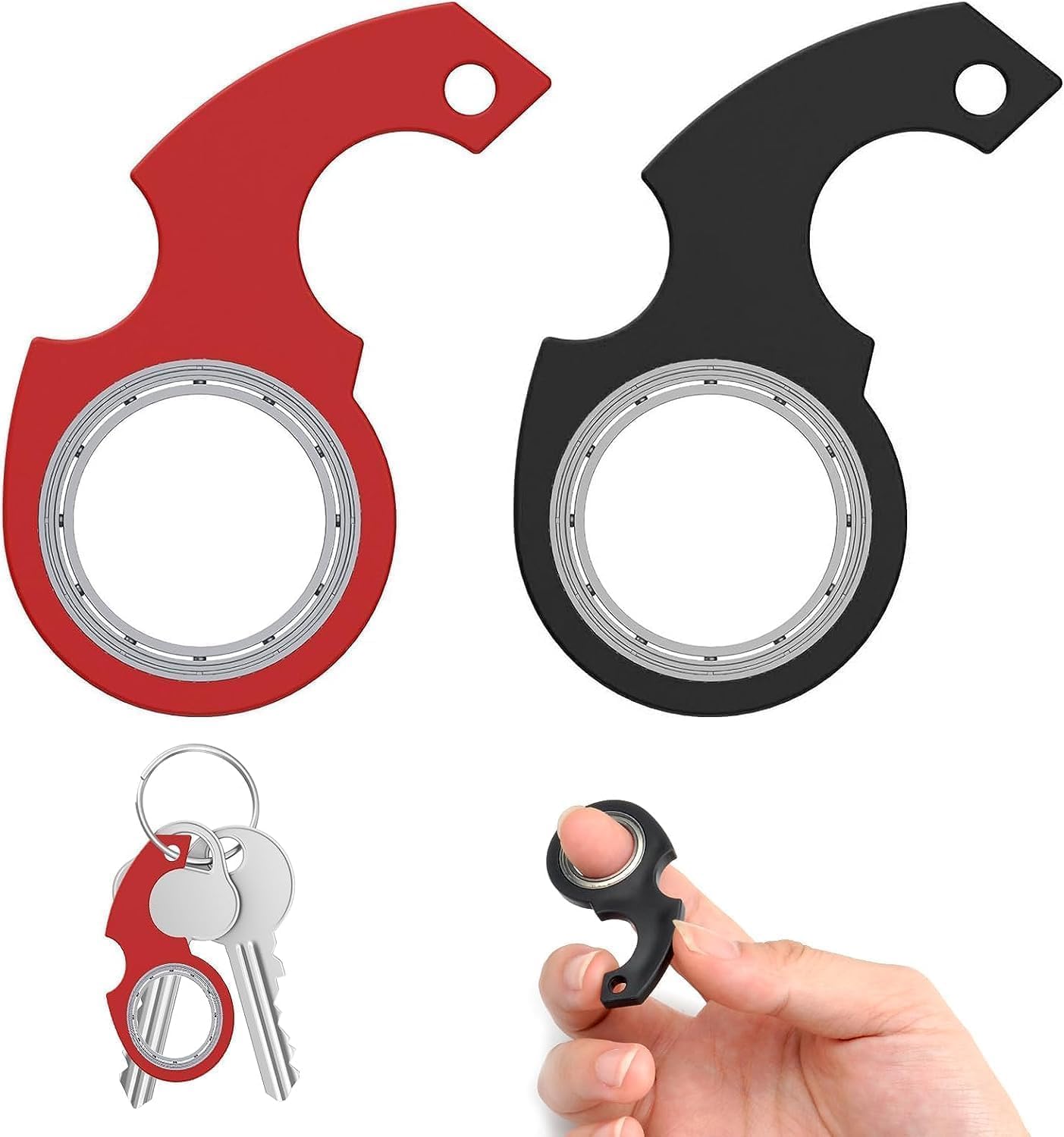 Lonimia 2Pcs Key Chain Spinner,0.67in Inner Diameter with 2pcs Key Rings, Finger Fidget Keychain Key Ring Spinner Gifts for Adults Finger Exercising Anxiety Relief (Black, Red)