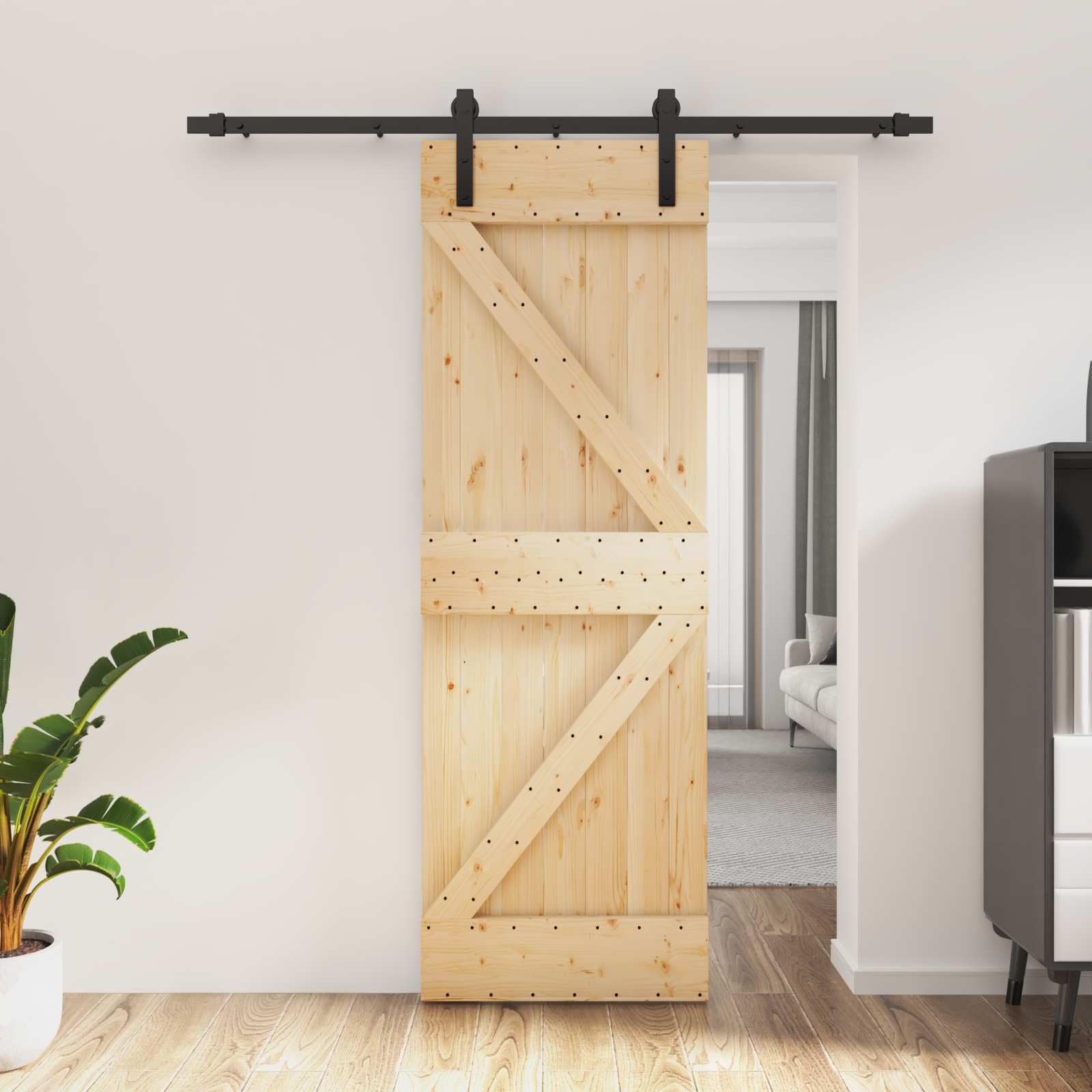 Puerta corredera 70 x 210 cm, madera de pino y negro