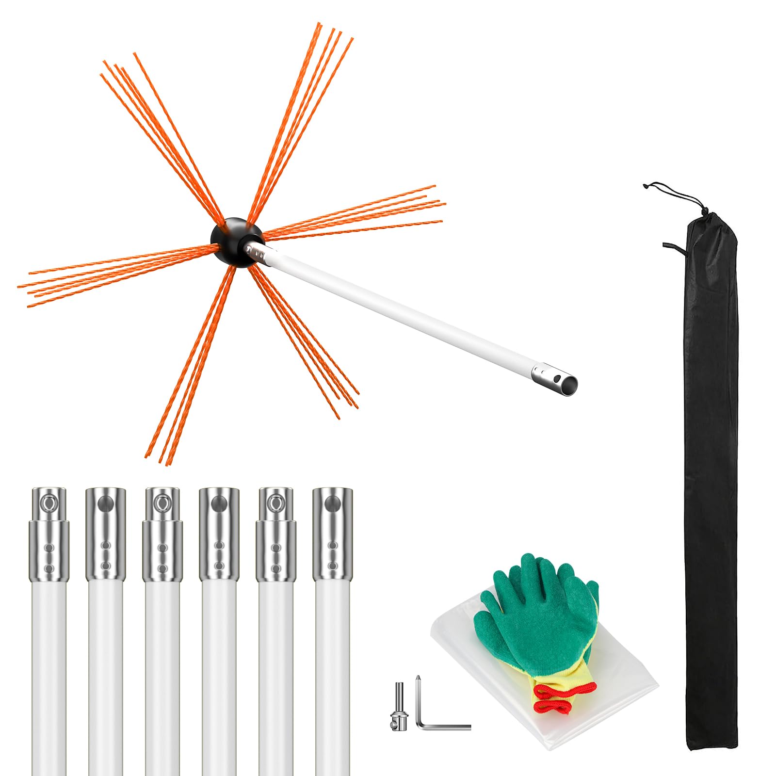 BEWAVE Chimney Sweep Kit, 26FT Chimney Cleaning Kit with Nylon Flexible Rods, Rotary Drill Drive Chimney Brush Kit for Cleaning Fireplace Flue, 8 Rods