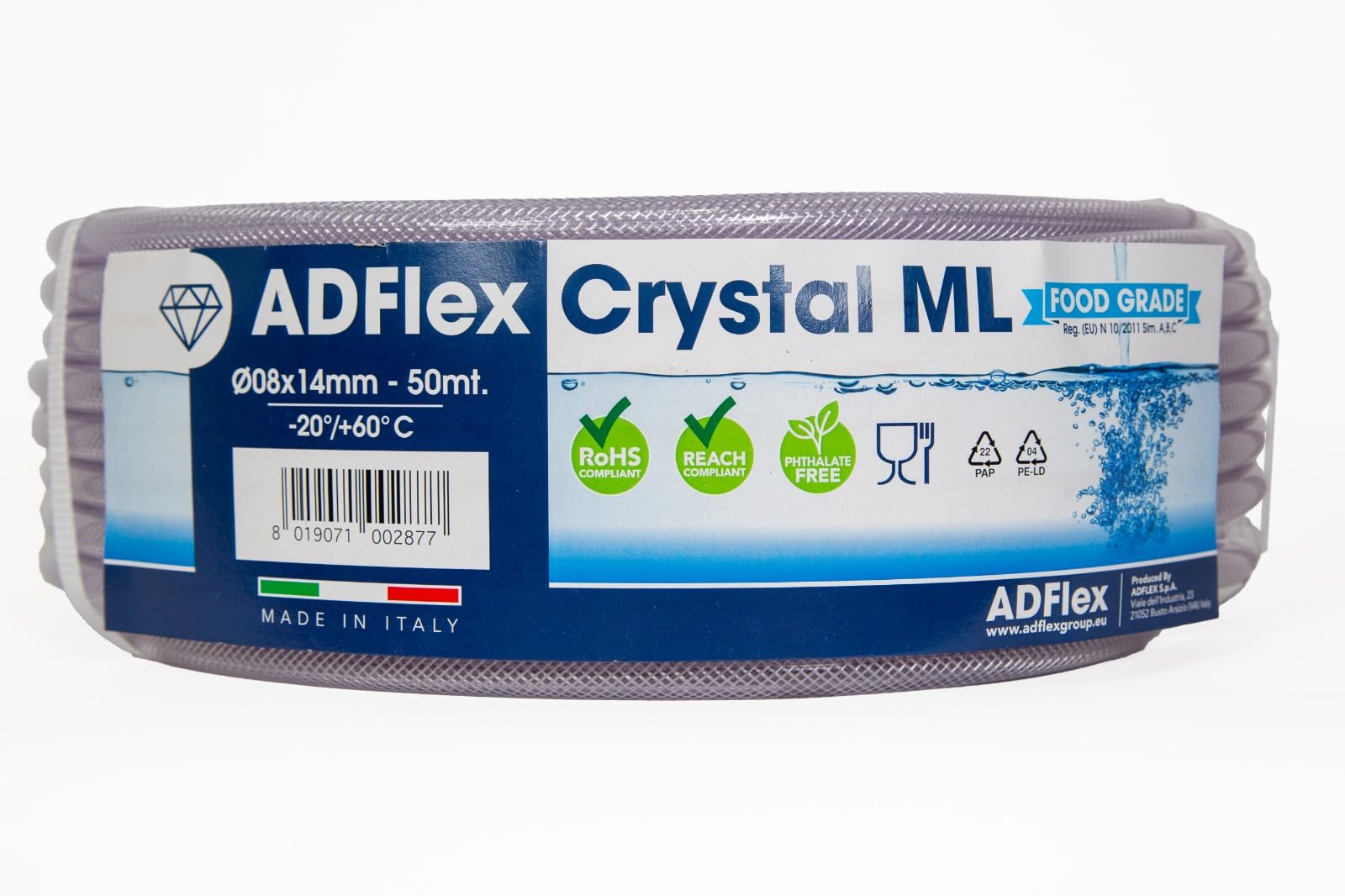 Tubo in PVC trasparente Crystal Retex ML 8x14 m 50 Rinforzato, Ultra Resistenza, Qualità Alimentare, passaggio aria, aria compressa, passaggio liquidi, acqua potabile, irrigazione
