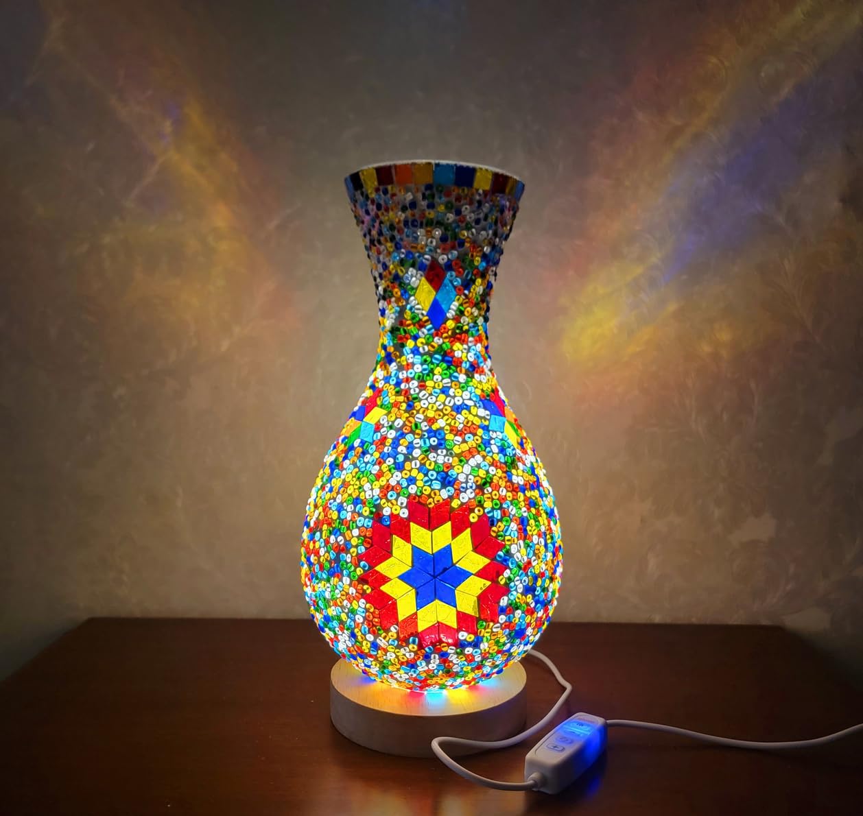 Maimeili Retro Turkish Mosaic Vase Lamp Turkish Moroccan Table Lamp Colorful Handmade Glass Vase with Wood Base for Flowers USB Charge Decor Light for Bedroom Ambient Living Room Farmhouse