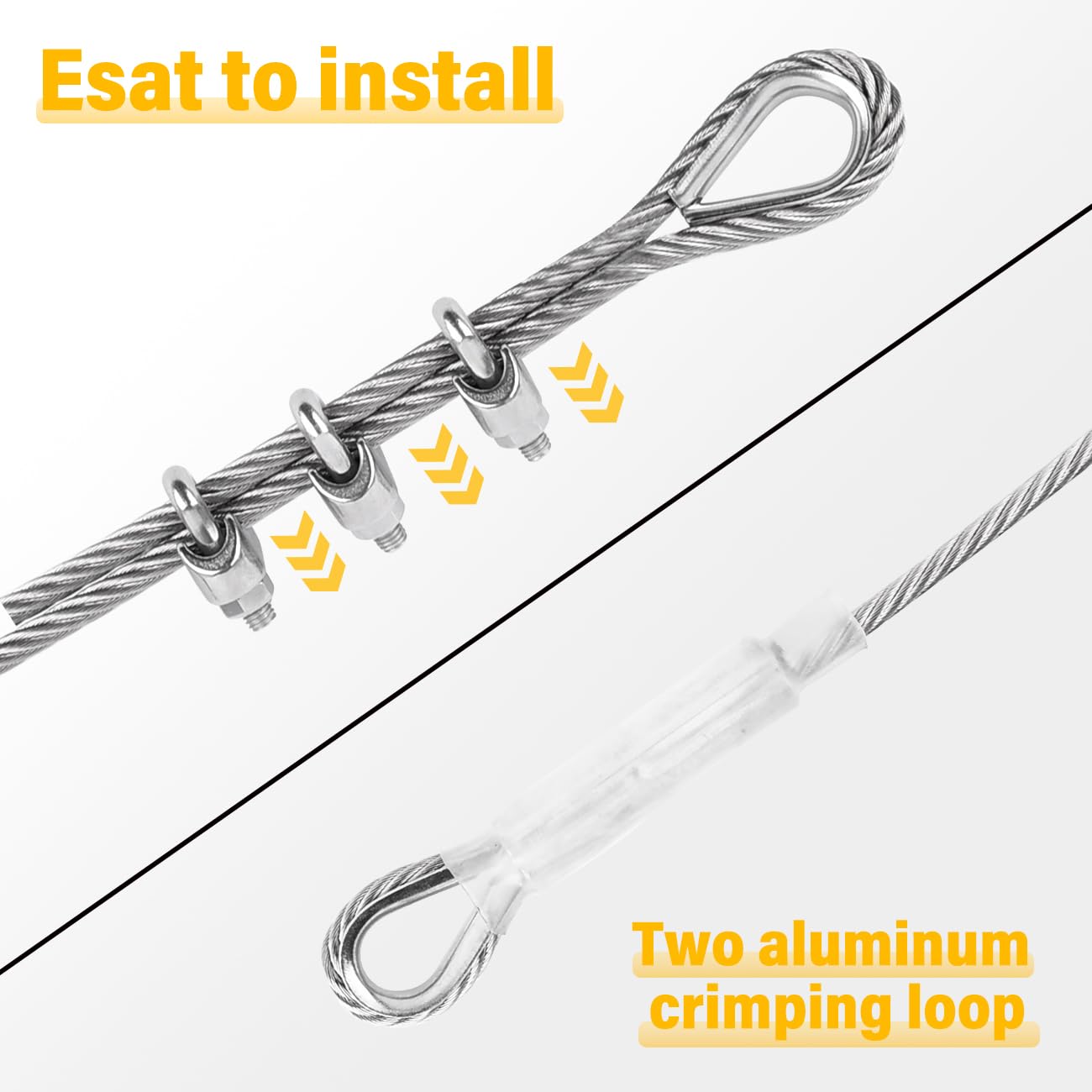 Cavo in acciaio da 1,27 cm, 3 m, 7 x 19 fili, con passanti, resistenza alla rottura di 10.432 kg, resistente cavo metallico con morsetti e ditali per Zipline, industriale, rimorchio, cavo per