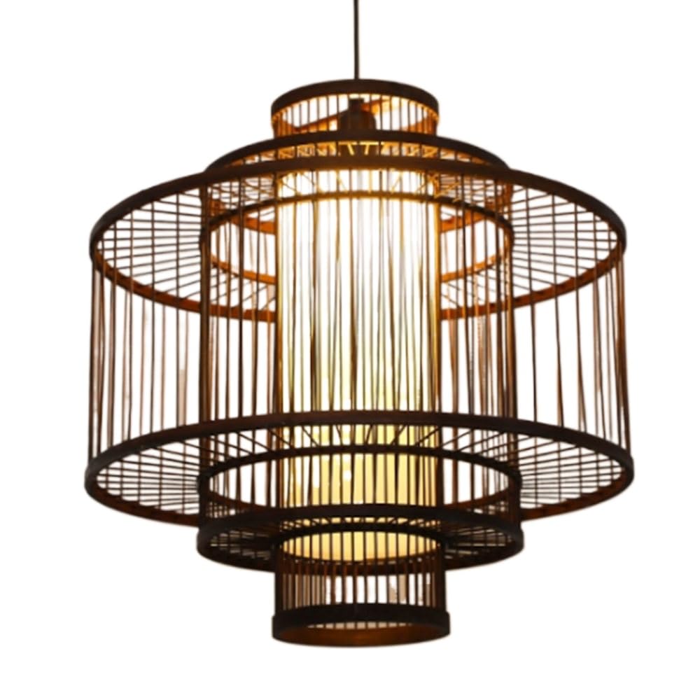 HAIIQU Wooden Lantern Lampshade Classic Natural Bamboo Pendant Lighting Rustic Style Hanging Light, Adjustable Pendant Lamp For Dining Room Living Room Kitchen Island Foyer Bedroom,Cylinder