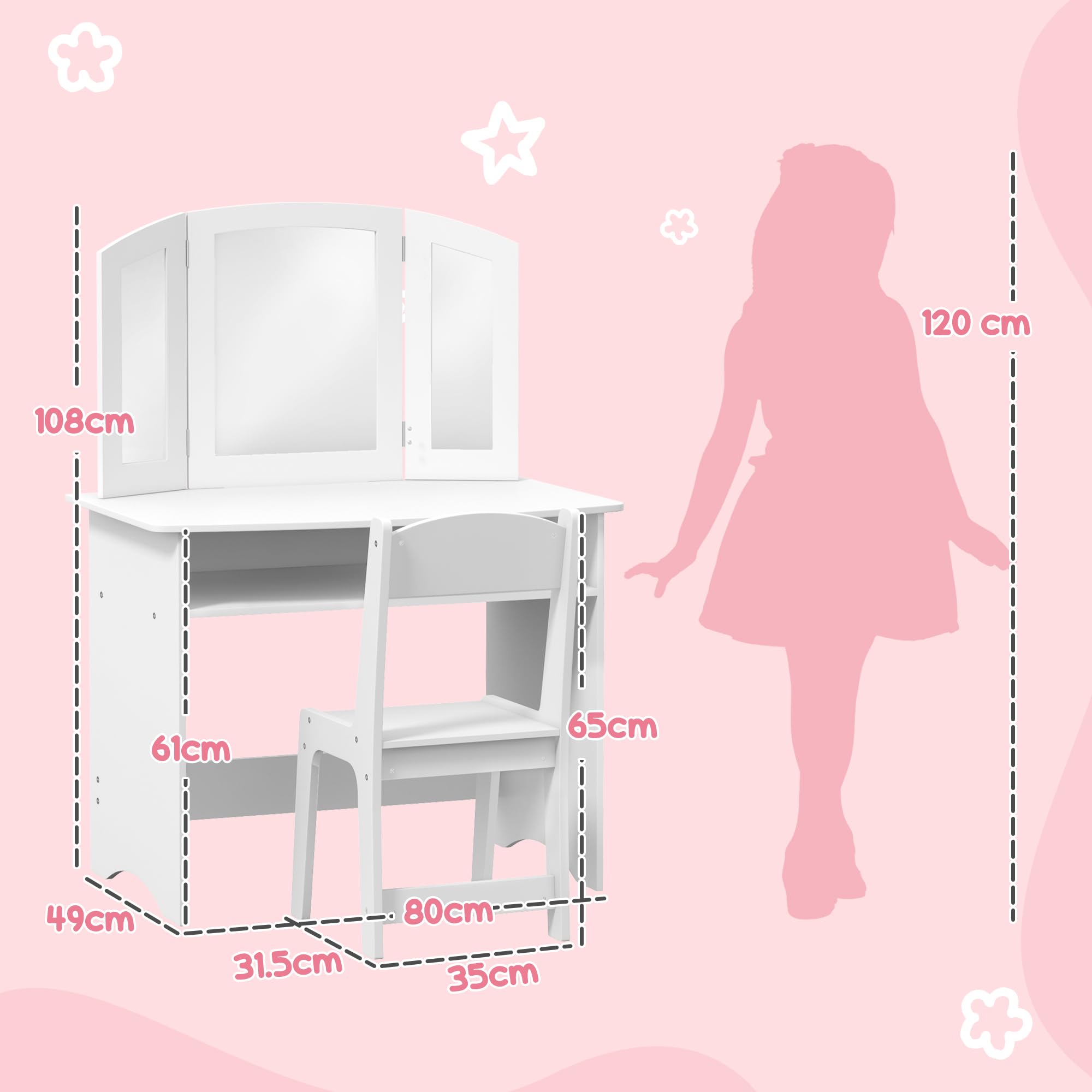 AIYAPLAY Set da Trucco per Bambini 3-6 Anni, Tavolo Toeletta con Specchio Triplo Rimovibile e Sedia in Legno, Bianco