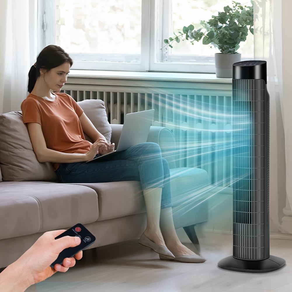 AKIRES Tower Fan with Remote 3 Speeds 3 Modes Oscillating Fan Quiet Cooling Portable Standing Bladeless Floor Fans