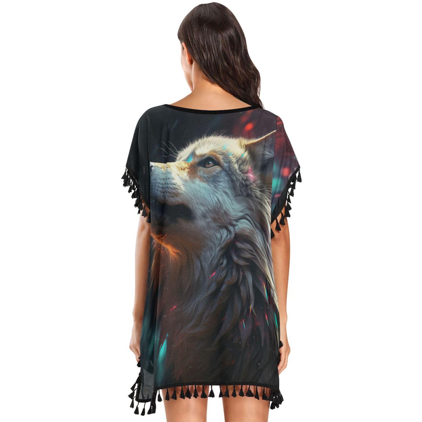Abstract Sad Wolf Dark Space Women's Beach Cover Up Chiffon Tassel Swimwear Swimsuit Coverups for Girl