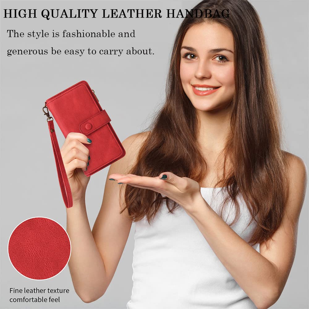 Custodia Flip in Pelle con Cerniera per iPhone 14 13 12 11 Pro XS Max XR X 8 7 6 6S Plus SE 2020 2022 Slot per Carte Portafoglio Shock Phone Cover,Rosso,Per iPhone XR