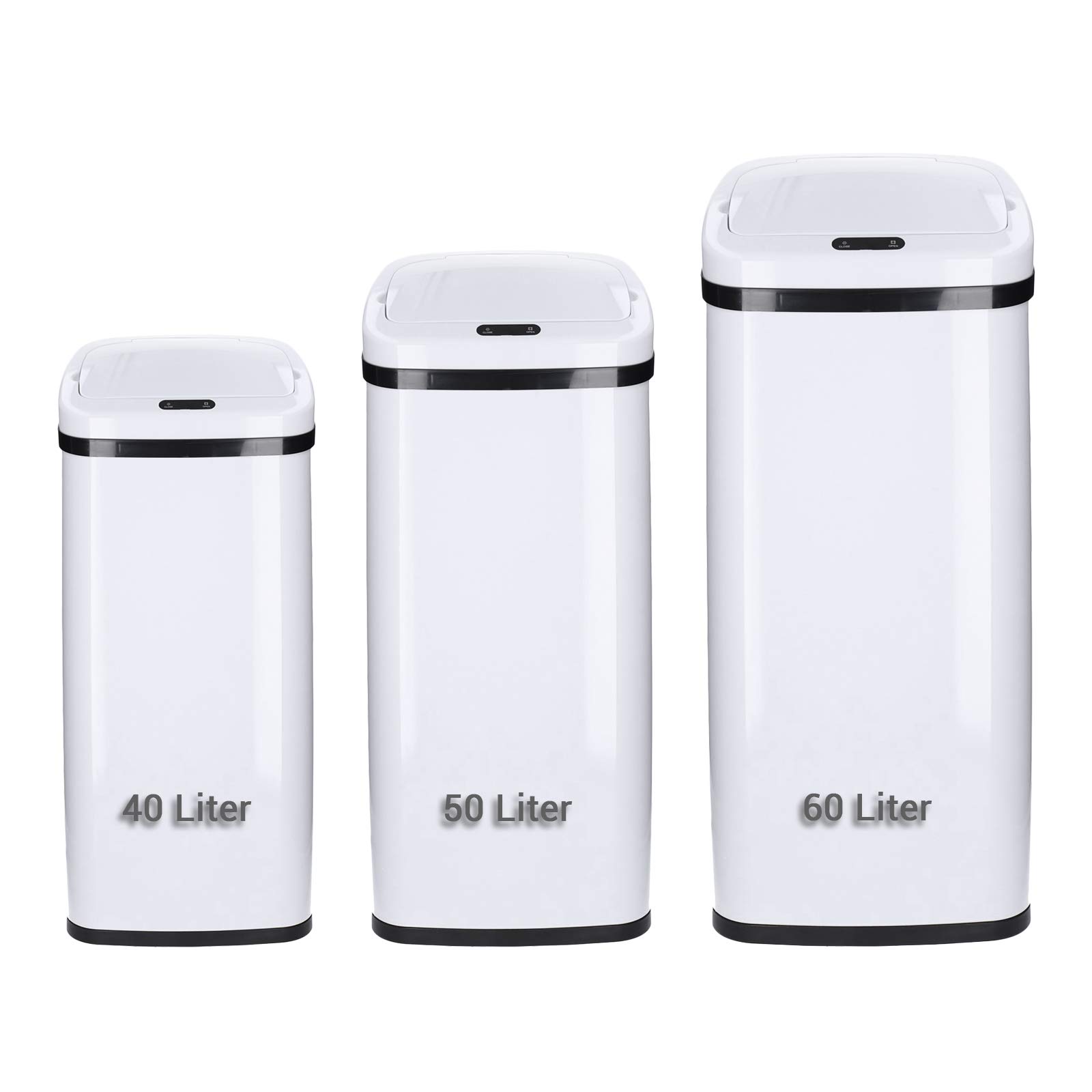 Cubo de basura cocina automático con sensor 30L, rectangular, Blanco, apertura/cierre automático, Acero inoxidable pintado, Anillo de Sujeción para Bolsas - Papelera automática, Modo Manual Disponible