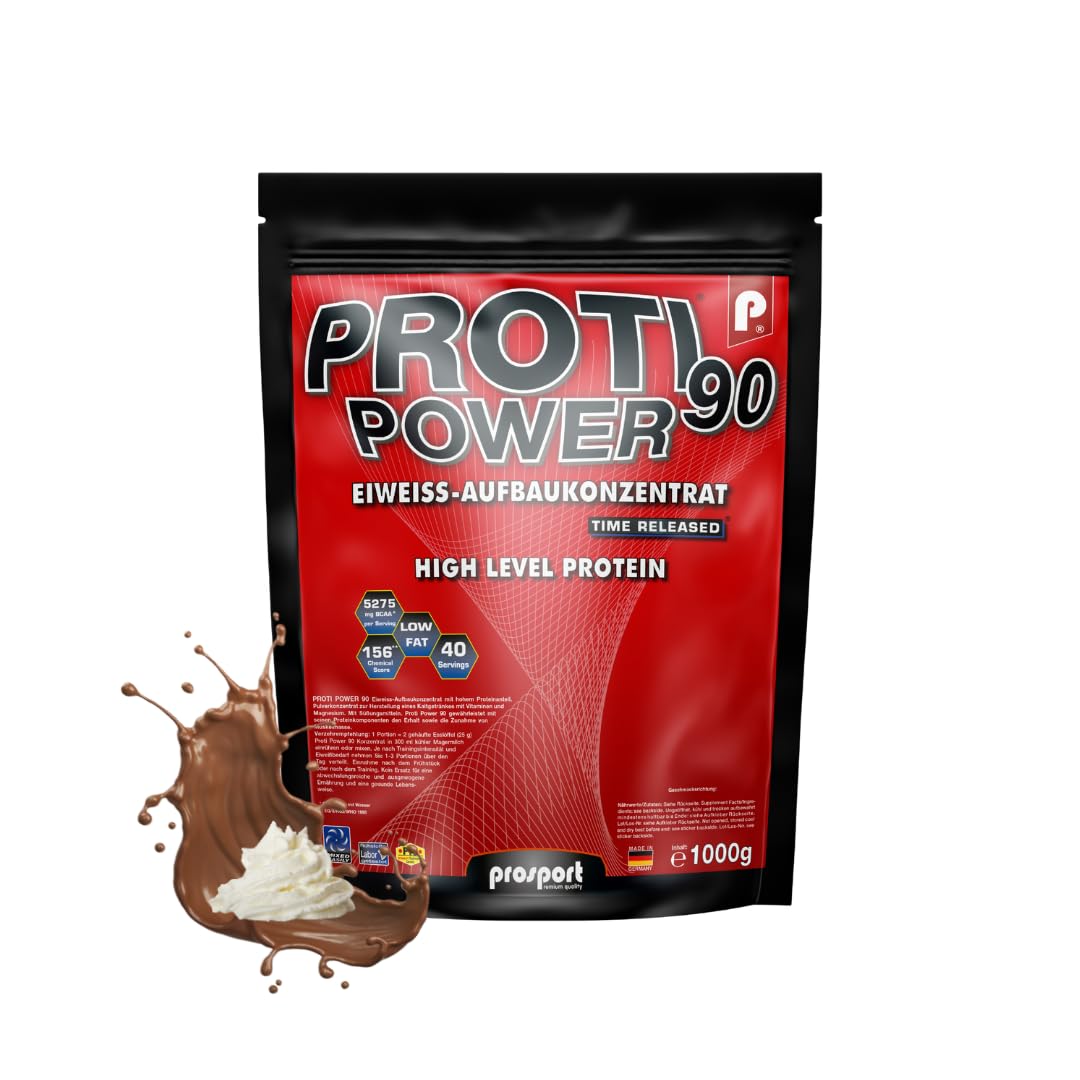 Prosport Proti Power® 90 Schoko-Sahne – 5-Komponenten Eiweißpulver 1000g – Mehrkomponenten Protein Shake mit Whey, Casein, Eiprotein, Magnesium & 10 Vitaminen – ideal für Muskelaufbau & Regeneration