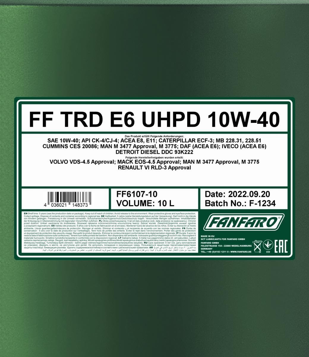FANFARO Aceite de motor 10W-40 UHPD Aceite sintetico ACEA E6 ACEA E7 ACEA E9 API CK-4 TRD E6 Blue 10L Compatible con MERCEDES-BENZ Clase C T-modell S204 Clase E T-modell S212 Clase C T-modell S205