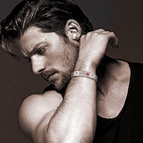Miniatura 6 de Pulseras de identificación médica para hombres y mujeres, pulsera de identificación de alerta personalizada de titanio para diabetes tipo 2,