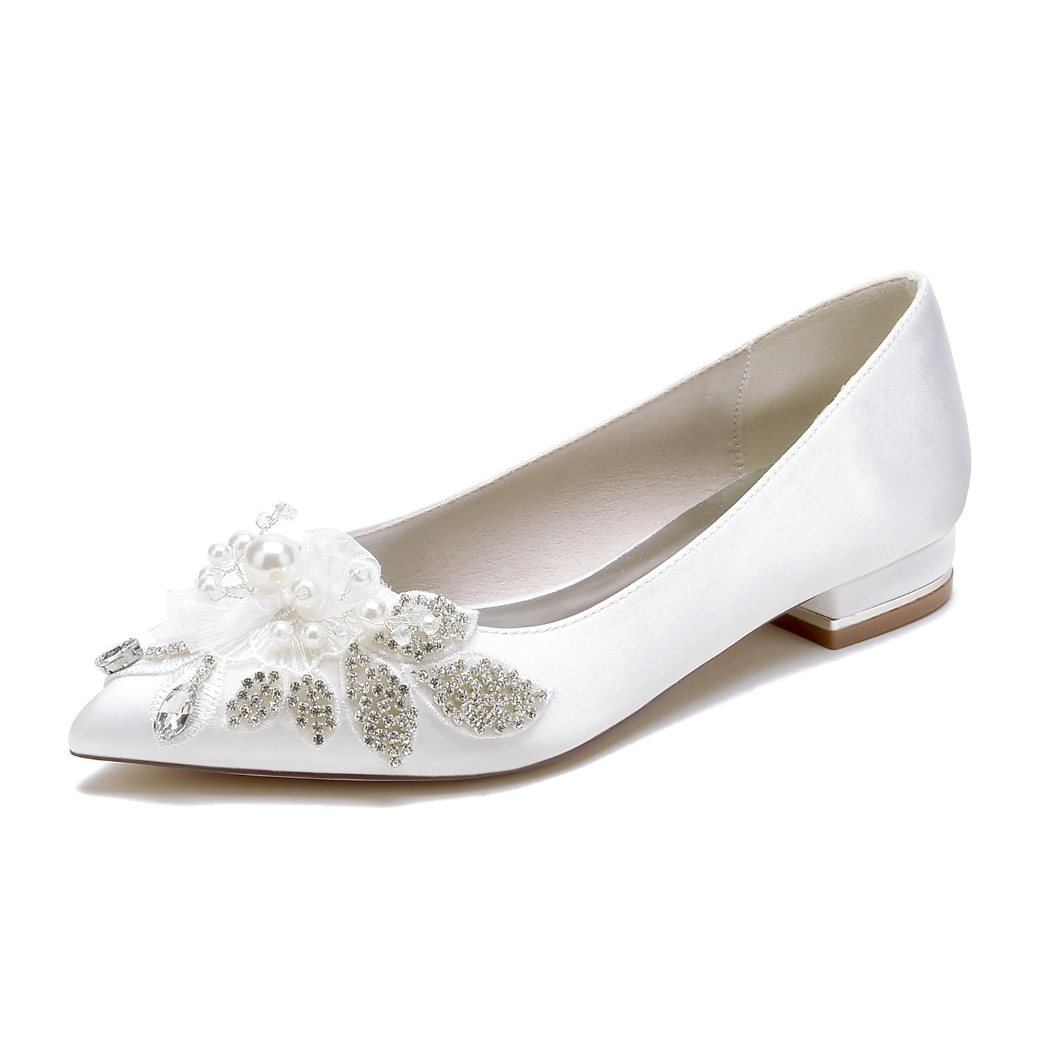 Scarpe col Tacco Basse Donna a Punta Decollete a Punta Chiusa Strass Fiore Sandali con Raso da Sposa per Affari e Lavoro