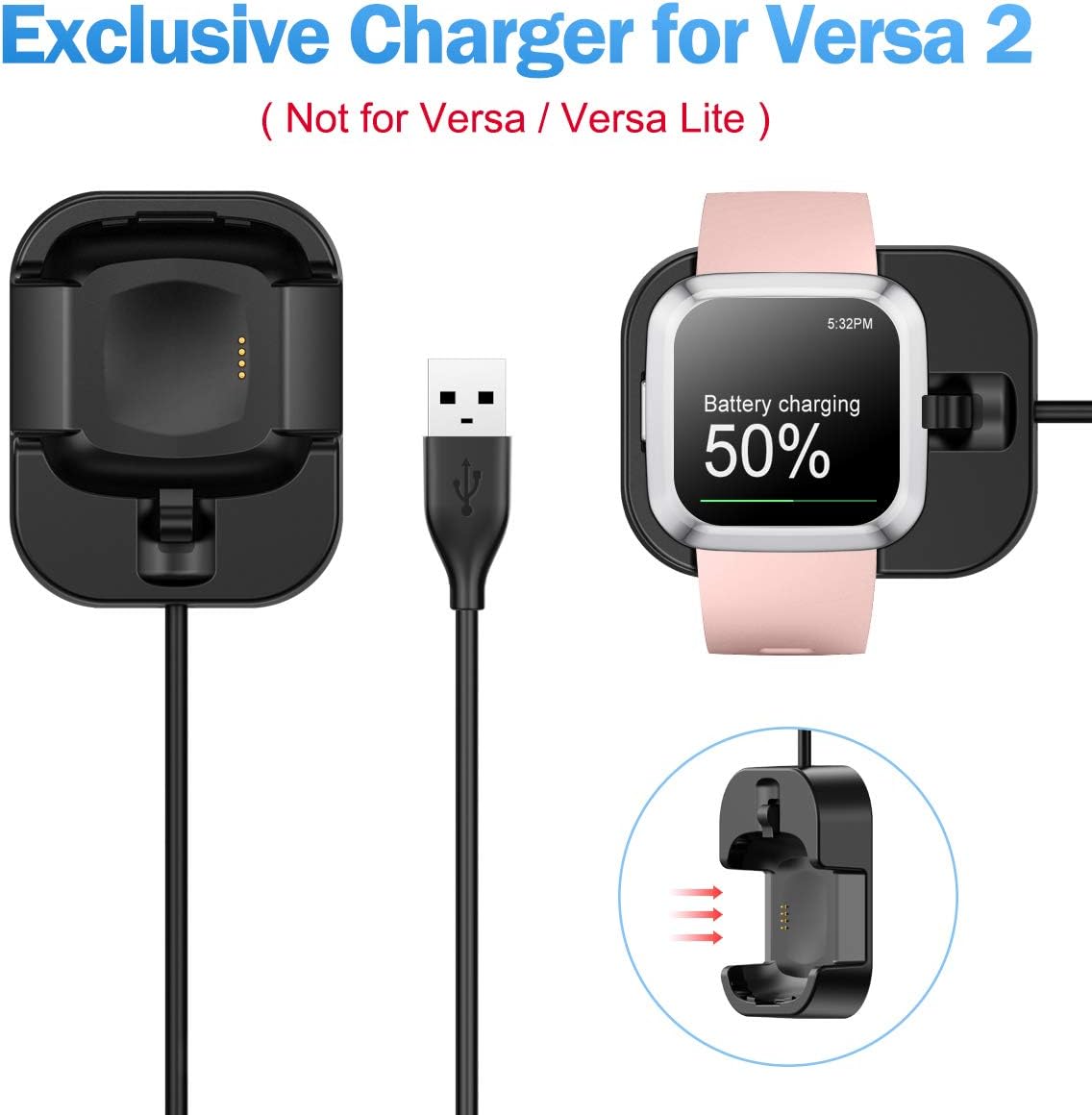 EZCO Screen Protectors Plus Charger Compatible with Fitbit Versa 2 (Not for Versa), Can Charge with Bumper Case On, [3+1 Pack] Exclusive Charging Cable Dock Soft TPU Case Cover Frame for Versa 2 Watch