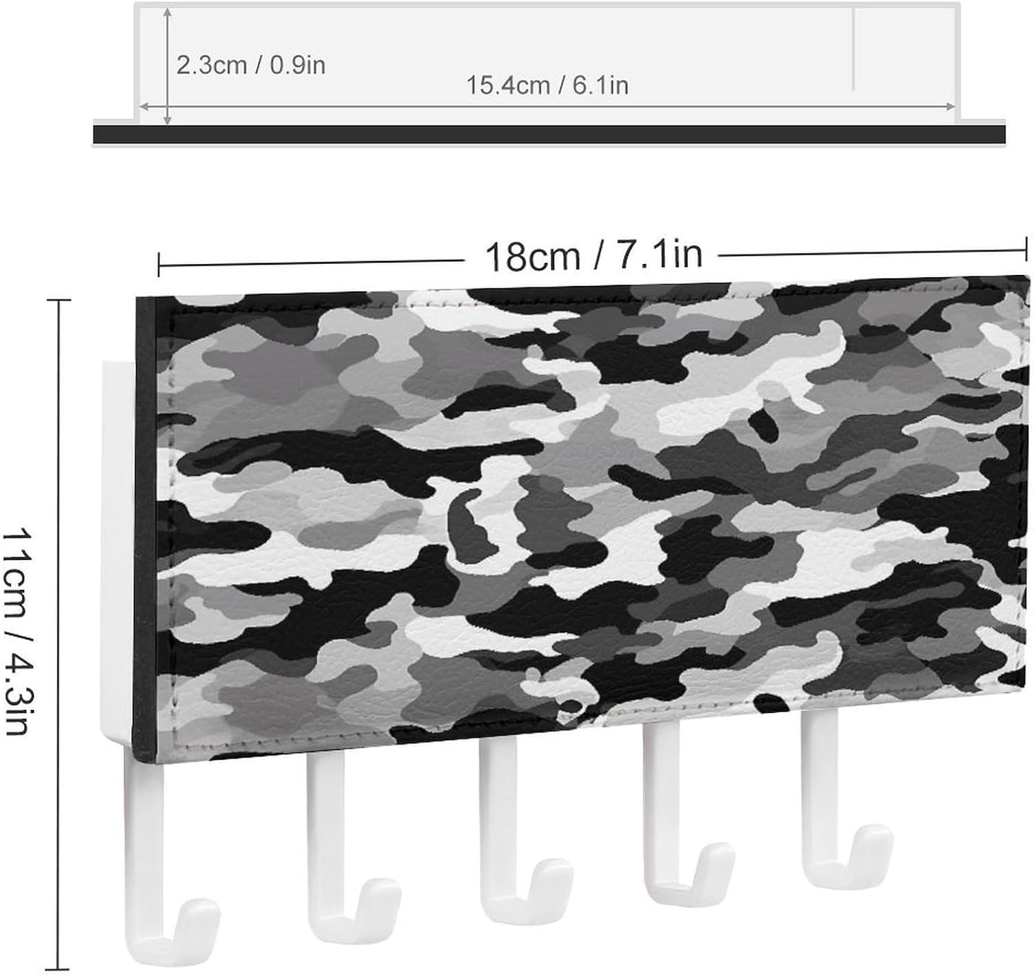 PU Leather Key Holder Wall Mount Key Organizer, Decorative Adhesive Key Rack with 5 Key Hooks, Fashion Black Grey White Camo Key Hanger Decor for Entryway Door Bathroom Kitchen Hallway